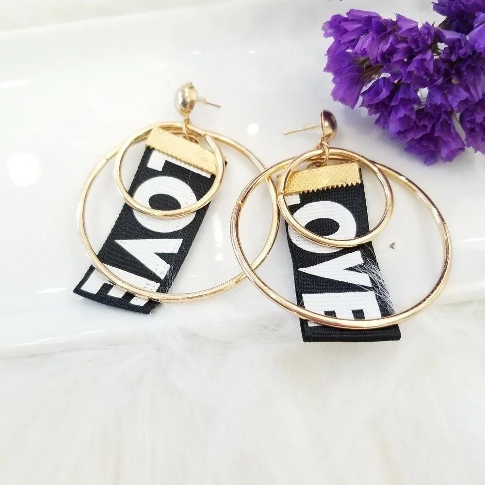 Black LOVE ribbon earrings